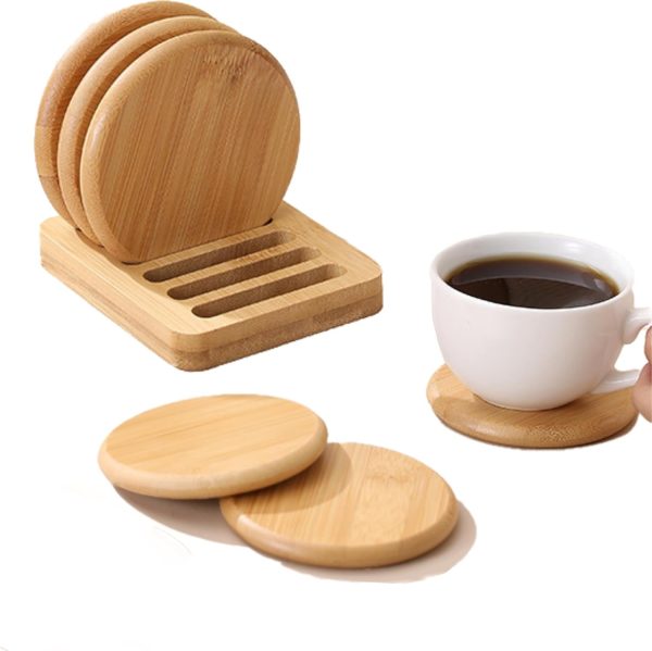 6 pcs Coaster Set Holder Included，Natural Bamboo Coffee Coaster, Beer Coaster, Drink Cup Coasters Set for Tabletop Protection, Suitable for Kinds of Cups Wooden Table Drink, Housewarming Gift