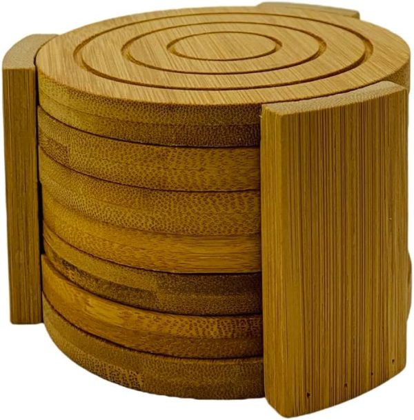 Bamboo Drink Coaster Set with Holder Coasters for Coffee Table, 6 pcs Set, 4.3 x 0.4 inch, 1 Set - Image 2