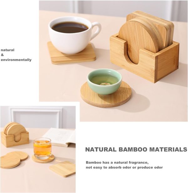 6Pcs Drink Coasters with Holder,Natural Bamboo Drink Cup Coasters Set for Tabletop Protection for Any Table Type, Suitable for Farmhouse, Office, Bar,Housewarming Gift(3 Round & 3 quadrate) - Image 2