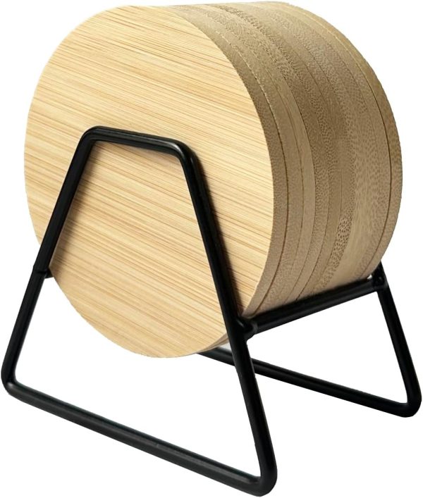 Set of 10 Bamboo Wood Coasters, Bamboo Drink Coaster with Metal Holder, Round Coasters for Home Office Bar Desk Tabletop Protection, Rustic Outdoor Decorative Coasters