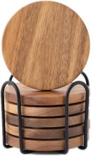 Wood Coasters for Drinks Tabletop Protection with Holder Set of 6, Acacia Wooden Coaster for Coffee Table Dining Table Round with Non-Slip Pad Cup Coaster for Home Christmas Decor 4 Inch