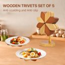 Wooden trivets for hot Dishes, 5pcs Wood Trivet + 1 Stand Windmill Shaped, trivets for hot pots and Pans, Foldable Artisanal Wooden Coasters Set