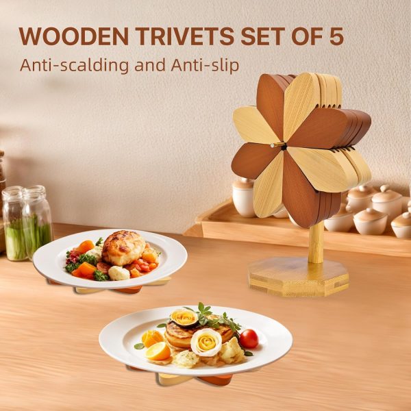 Wooden trivets for hot Dishes, 5pcs Wood Trivet + 1 Stand Windmill Shaped, trivets for hot pots and Pans, Foldable Artisanal Wooden Coasters Set - Image 2