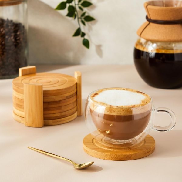 Set of 6 Bamboo Wood Coasters with Holder for Coffee Table & Beverages - 4.3-Inch Table Coasters Set - Drink Mats & Coffee Table Decor - Image 2