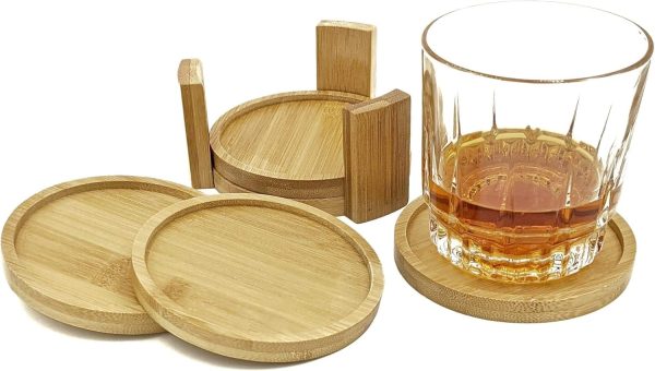 Coaster Set with Holder | Bamboo Wood | Includes 4 Round Coasters and one Holder | Use for Drinks, Beverages, Beer, Coffee! | Barware Kitchen | Housewarming (Bamboo, Brown, Wood) - Image 2