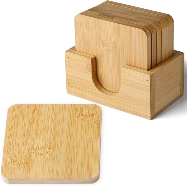 Bamboo Cup Coaster Set of 6,6Pcs Mug Coasters with Storage Stand, 9.5cm x 0.8cm Drink Coasters for Coffee, Tea, and Glasses, Durablity & Stylish (Square)