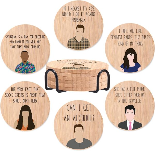 Bamboo Wood Coasters Set of 6, Funny Novelty Coasters for Drinks Absorbent with Holder