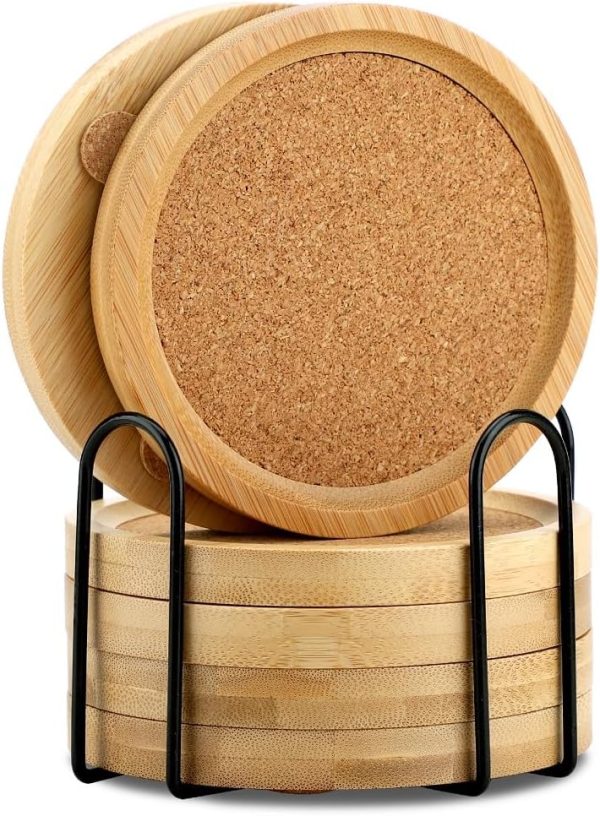 Bamboo Cork Coasters for Drinks Absorbent with Holder Set of 6, Bamboo Coasters for Drinks Coaster Sets Rustic Farmhouse for Coffee Table Dining Table Set of 6 4.33in