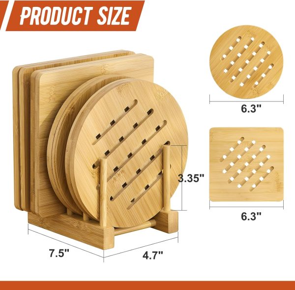 Bamboo Trivet with Stand -Heat Resistant Pot Holders for Kitchen,Multi-Purpose Hot Pads,Hot Plate Mats,Medium Stove Mat-Air Fryer Accessories and Trivets for Hot Dishes,4 PCS - Image 2