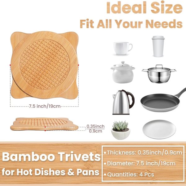 Bamboo Trivets for Hot Dishes, Hot Pots and Pans, 7.5 Inch Thick Heat Resistant Large Coaster for Kitchen, Hot Pads, Kitchen Essentials, Kitchen Decor for Table & Countertop, 2 Round +2 Square - Image 2