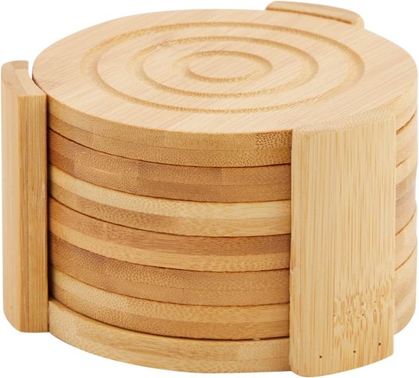 Set of 6 Bamboo Wood Coasters with Holder for Coffee Table & Beverages - 4.3-Inch Table Coasters Set - Drink Mats & Coffee Table Decor
