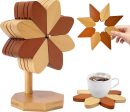 Wooden trivets for hot Dishes, 5pcs Wood Trivet + 1 Stand Windmill Shaped, trivets for hot pots and Pans, Foldable Artisanal Wooden Coasters Set