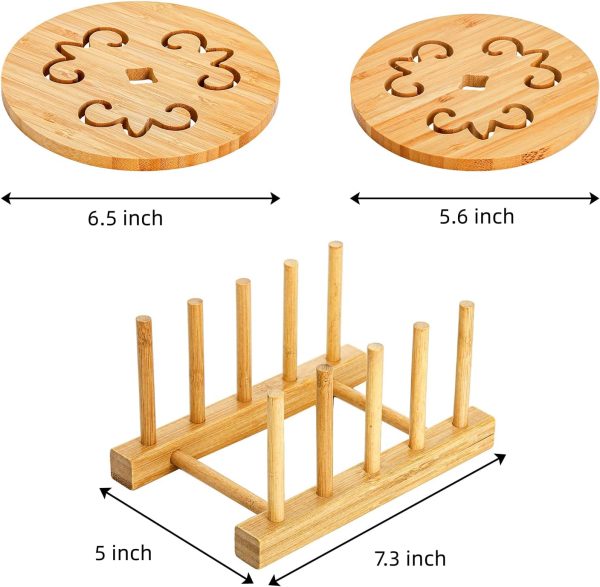 6 Pack Natural Bamboo Trivet Mat Set, Heat Resistant Pads with Dish Rack, Kitchen Wood Non-Slip Coaster, Durable Anti-Hot Trivet Stand Mat Set for Hot Dishes, Bowl, Teapot, Hot Pot Holders - Image 2