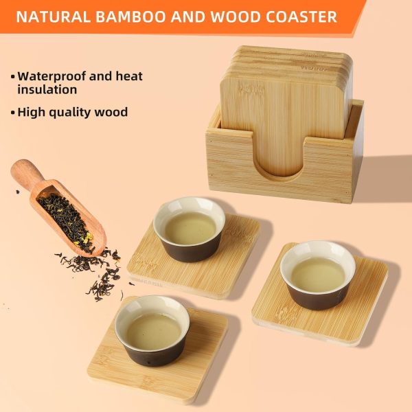 Bamboo Cup Coaster Set of 6,6Pcs Mug Coasters with Storage Stand, 9.5cm x 0.8cm Drink Coasters for Coffee, Tea, and Glasses, Durablity & Stylish (Square) - Image 2