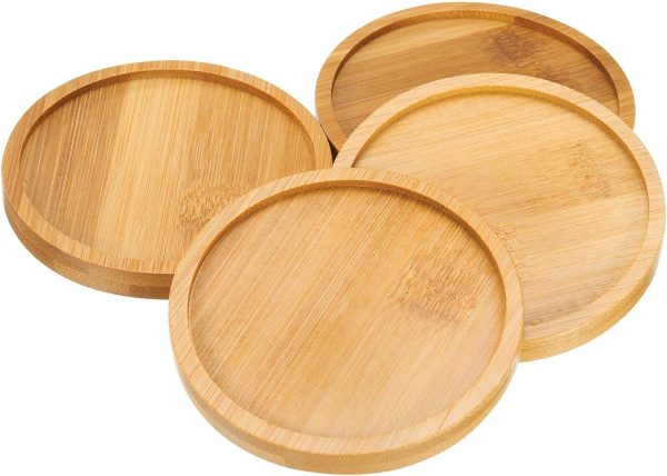 4PCS Mosaic Bamboo Coasters, 3.7 Inch Blank Base Trays, Round Drinking Cup Coaster, Wooden Drinks Coasters for Coffee Table Dining Table Protection, Brown
