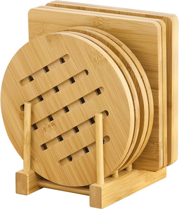 Bamboo Trivet with Stand -Heat Resistant Pot Holders for Kitchen,Multi-Purpose Hot Pads,Hot Plate Mats,Medium Stove Mat-Air Fryer Accessories and Trivets for Hot Dishes,4 PCS