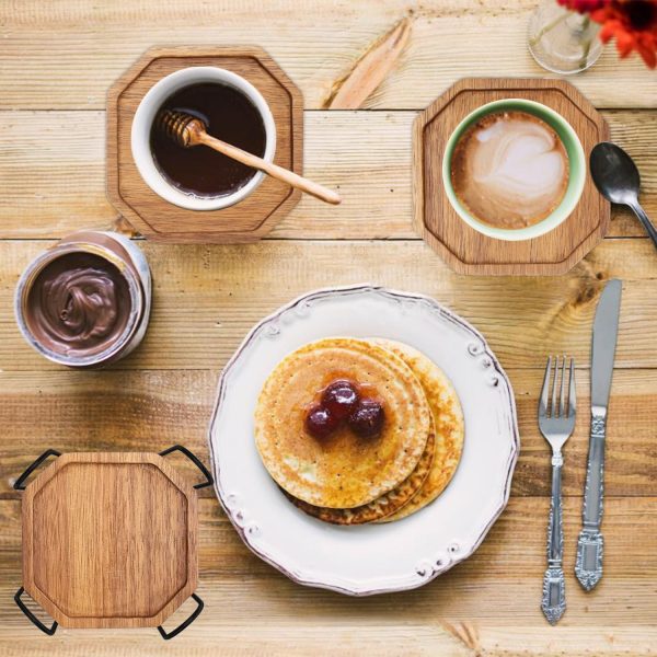 Cute Rustic Farmhouse Wooden Cup Coaster Set of 6 Cool Bar Drink Coasters with Holder Acacia Wood Coasters for Coffee Table Desk Decorative Outdoor Modern Coaster Home Decor Beverage Accessories Gift - Image 2
