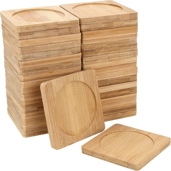 60 Pack 3.7 x 3.7 inches Square Bamboo Coasters, Natural Wooden Drink Coasters, Decor Square Succulent Bamboo Tray Saucer for Outdoor and Indoor
