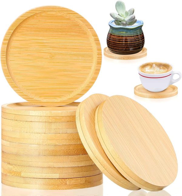 20 Pcs Round Bamboo Coasters for Planters Small Plant Saucer 3.74 Inch Bamboo Planter Drink Saucer Trays DIY Resin Coasters Gifts Tabletop Planters Protection Decoration
