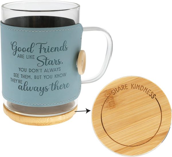 "Good Friends Are Like Stars 16 oz Glass Coffee Cup Mug With Unique Teal Wrap & Bamboo Coaster Cap 3 Piece Bestie Best Friend Present Gift