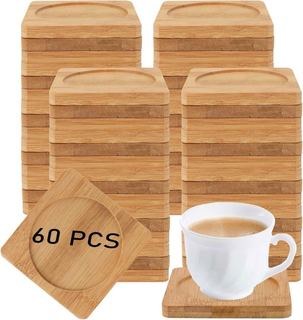 60 Pack 3.7 Inch Bamboo Coasters, Natural Wooden Coasters, Square Bamboo Tray Saucer Set for Drinks, Crafts, Succulents