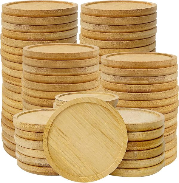60 PCS 3.5 x 3.5 Inch Natural Round Bamboo Coasters, Round Bamboo Tray Saucer, Coasters for Drinks, Most Cups and Glasses, Indoors or Outdoors Plants